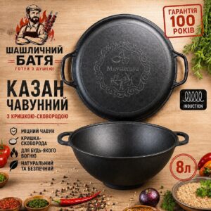 Казан чавунний 8 л. з кришкою-сковородою