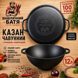 Казан чавунний 12 л. з кришкою-сковородою