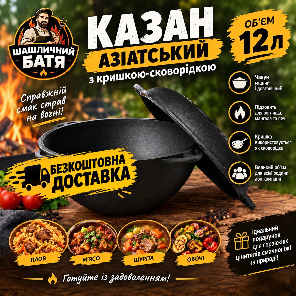 казан азіатський 12 л з кришкою-сковородою